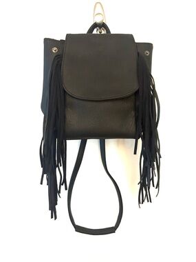 FASHION BAGS Black Faux Leather Festival Backpack with Fringe Detailing